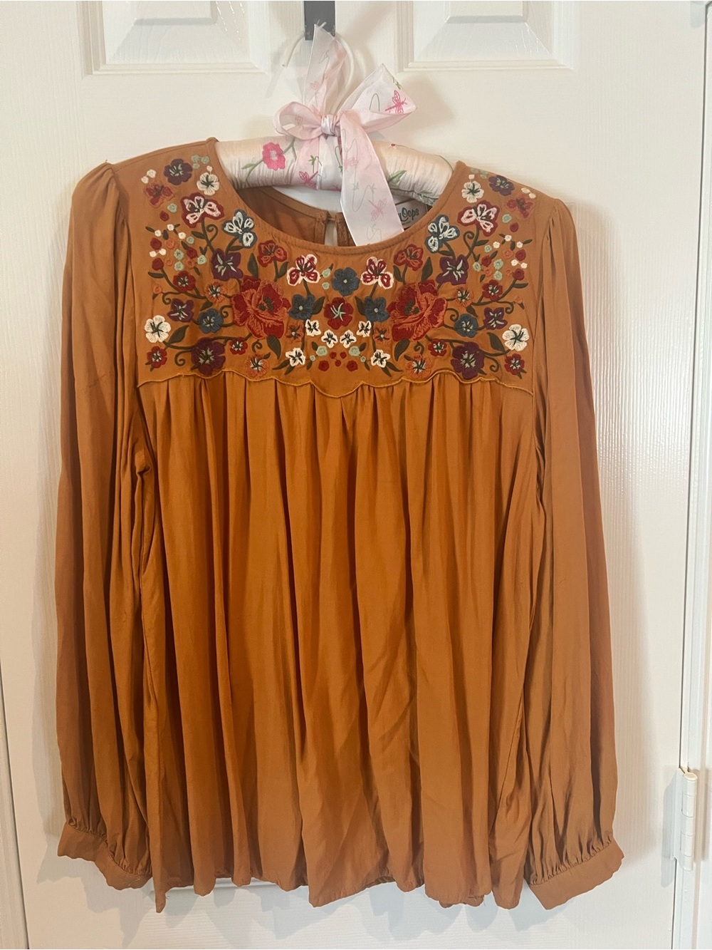 Embroidered Yoke Boho Peasant in Rust Brown